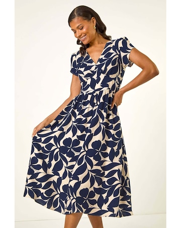 Roman Leaf Print V-Neck Midi Dress