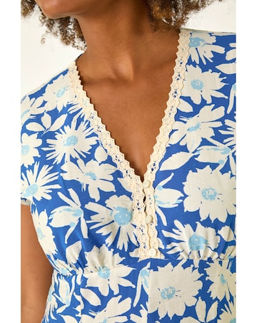 Roman Daisy Print Lace Trim Midi Dress