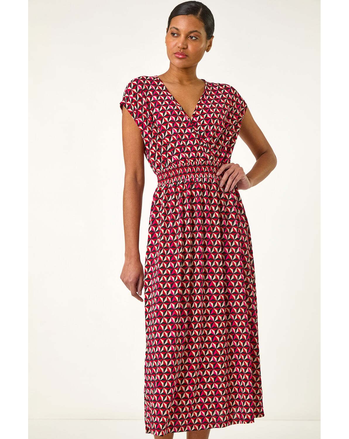New In - Roman Geo V-Neck Stretch Midi Dress