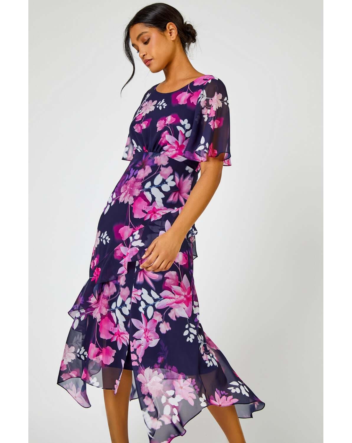 New In - Roman Floral Chiffon Frill Midi Dress