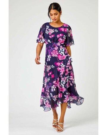 Roman Floral Chiffon Frill  Midi Dress