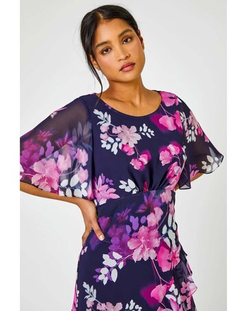 Roman Floral Chiffon Frill  Midi Dress