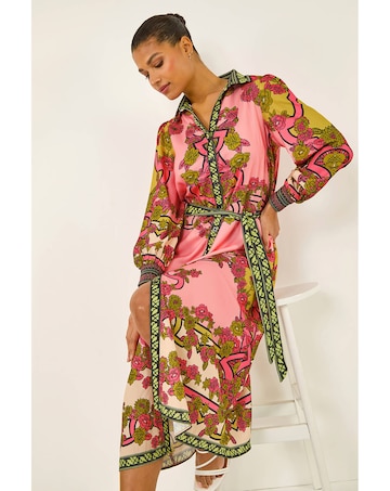 Roman Floral Border Shirt Midi Dress