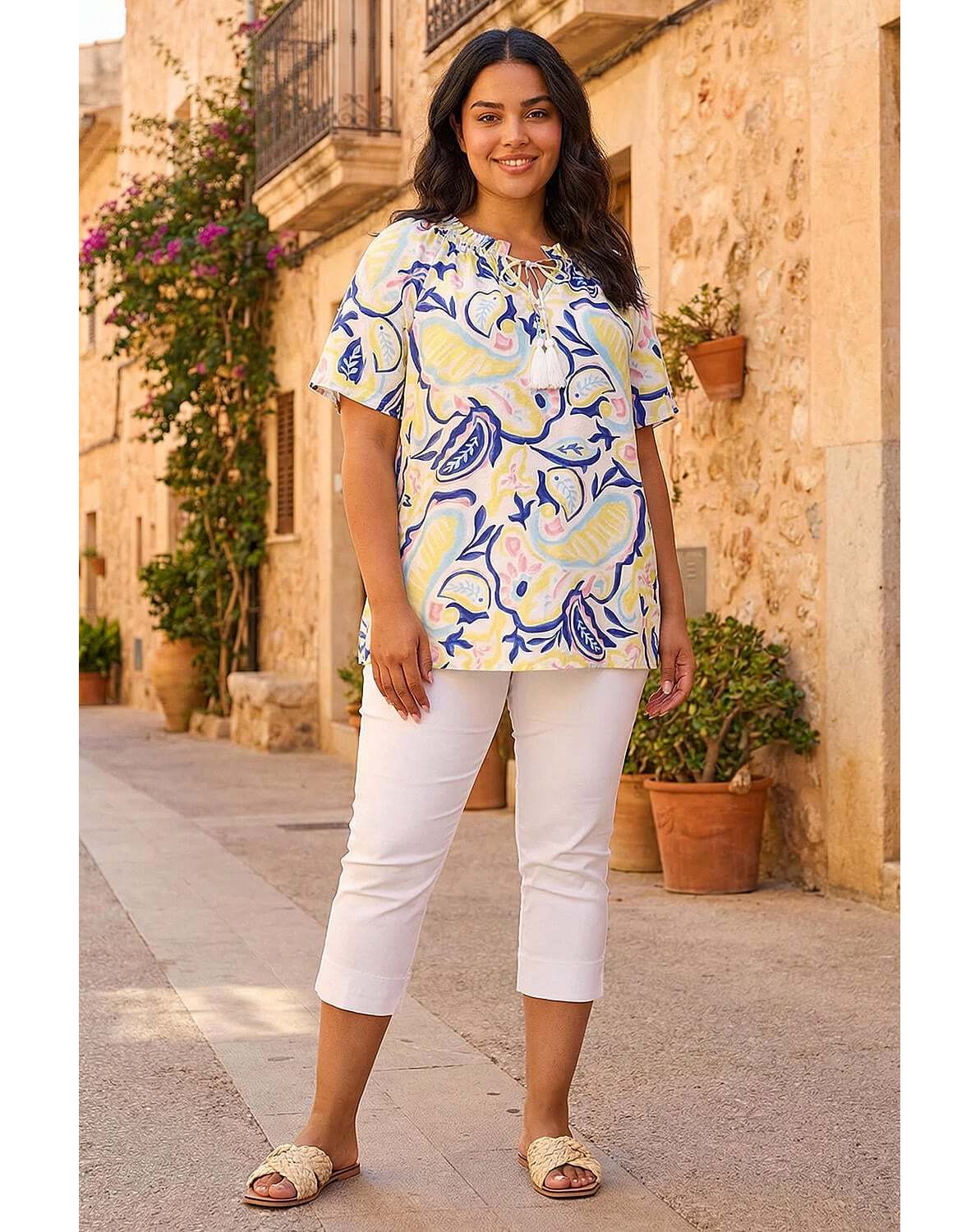 New In - Roman Curve Abstract Print Gathered Top
