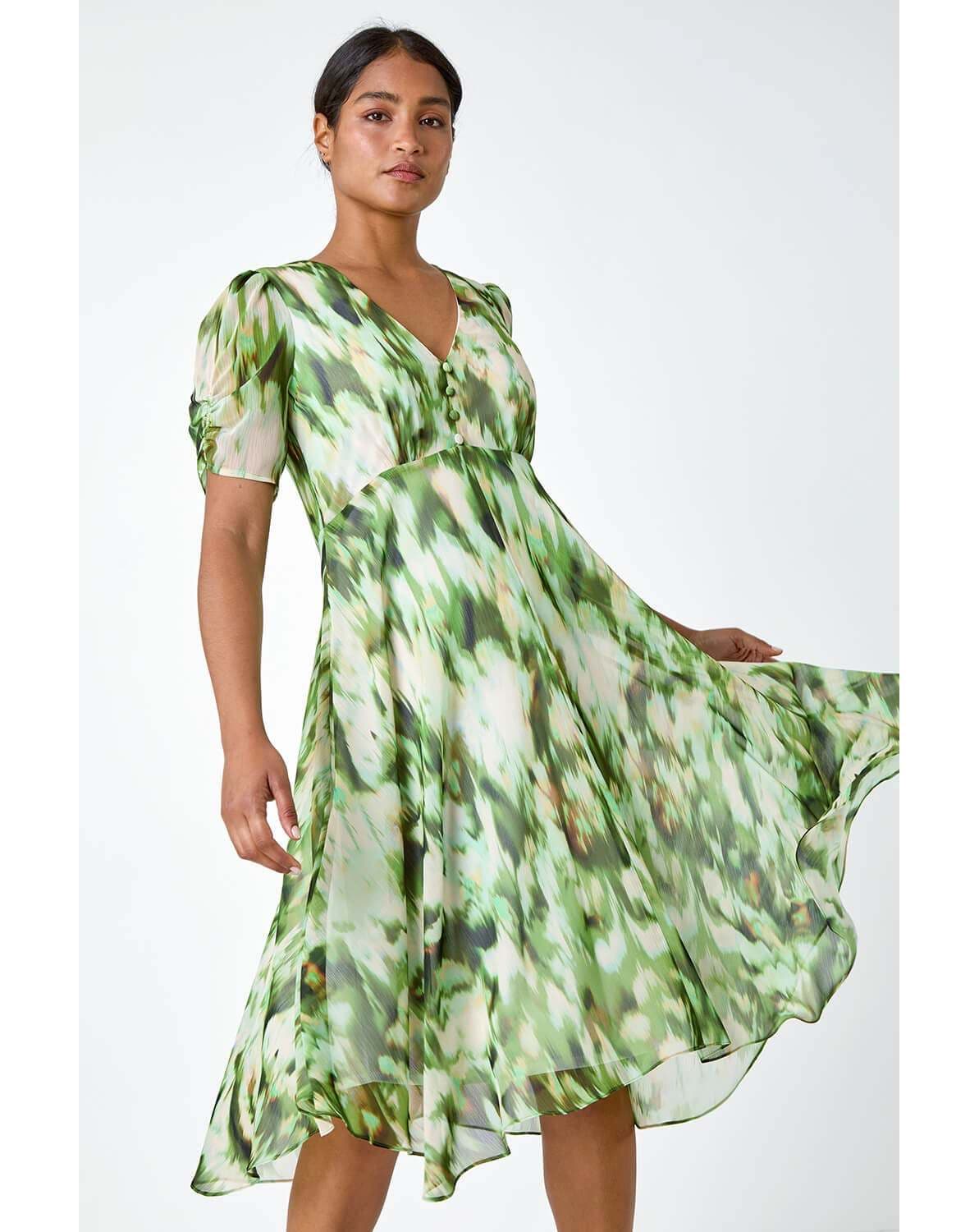New In - Roman Abstract Chiffon Hanky Hem Dress