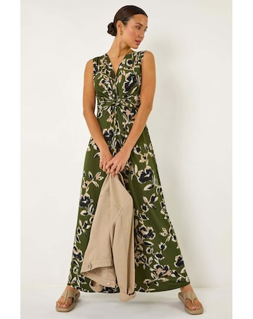 Roman Leaf Print Twist Front Maxi Dress