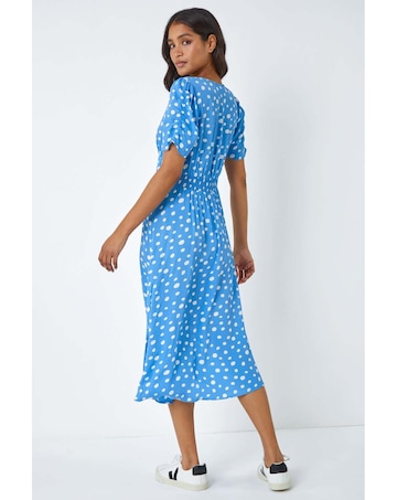 Roman Polka Dot Ruched Sleeve Midi Dress