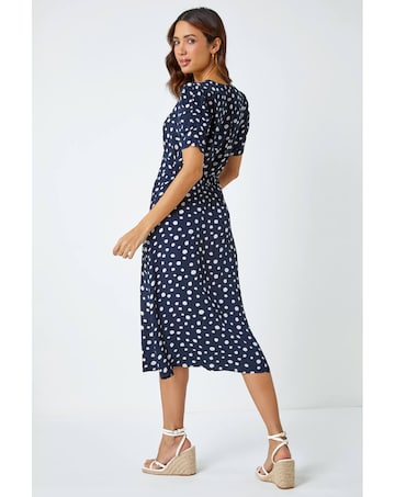 Roman Polka Dot Ruched Sleeve Midi Dress