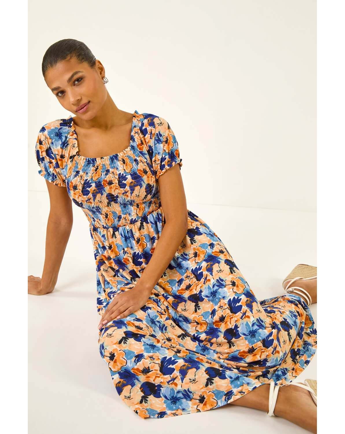 New In - Roman Floral Shirred Stretch Maxi Dress