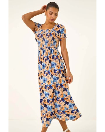 Roman Floral Shirred Stretch Maxi Dress