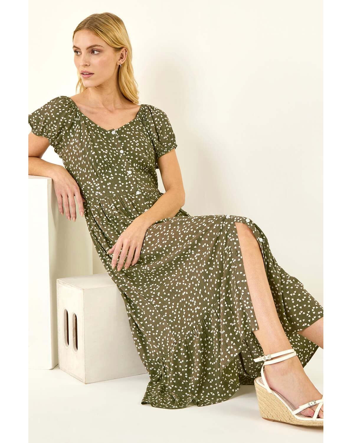 New In - Roman Spotty Heart Button Midi Dress