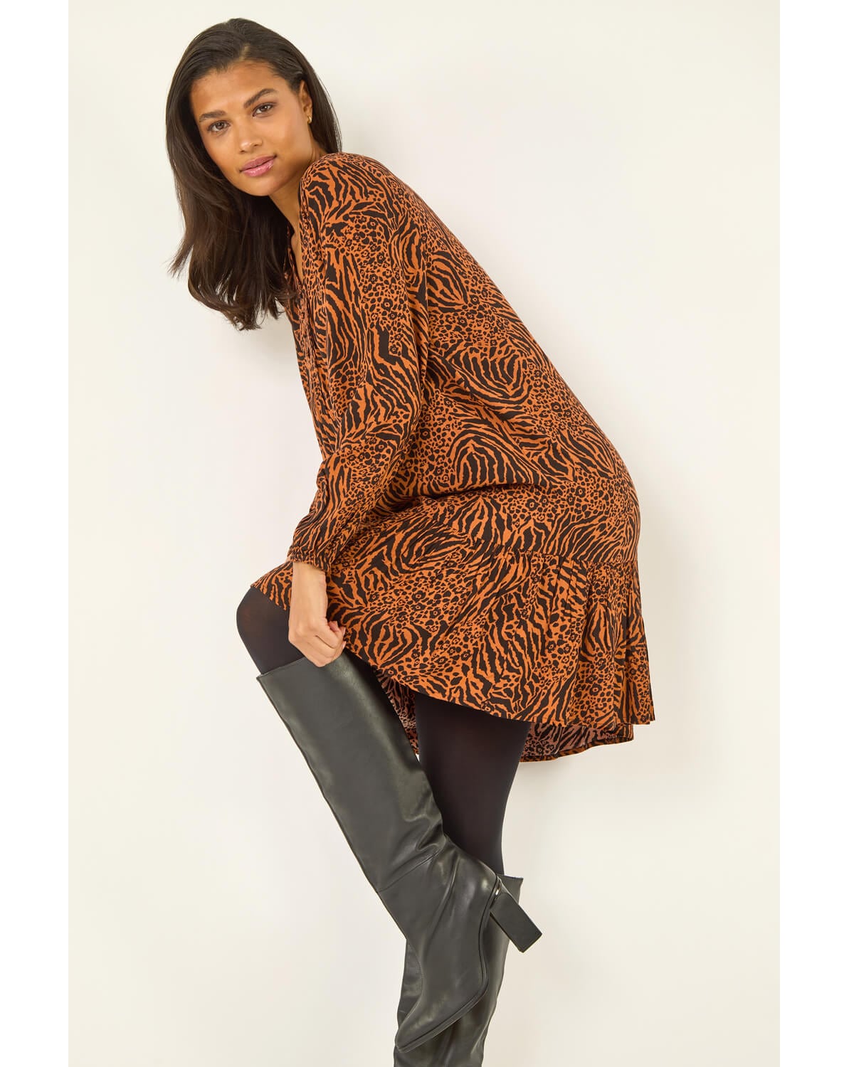 New In - Roman Animal Print Pintuck Smock Dress