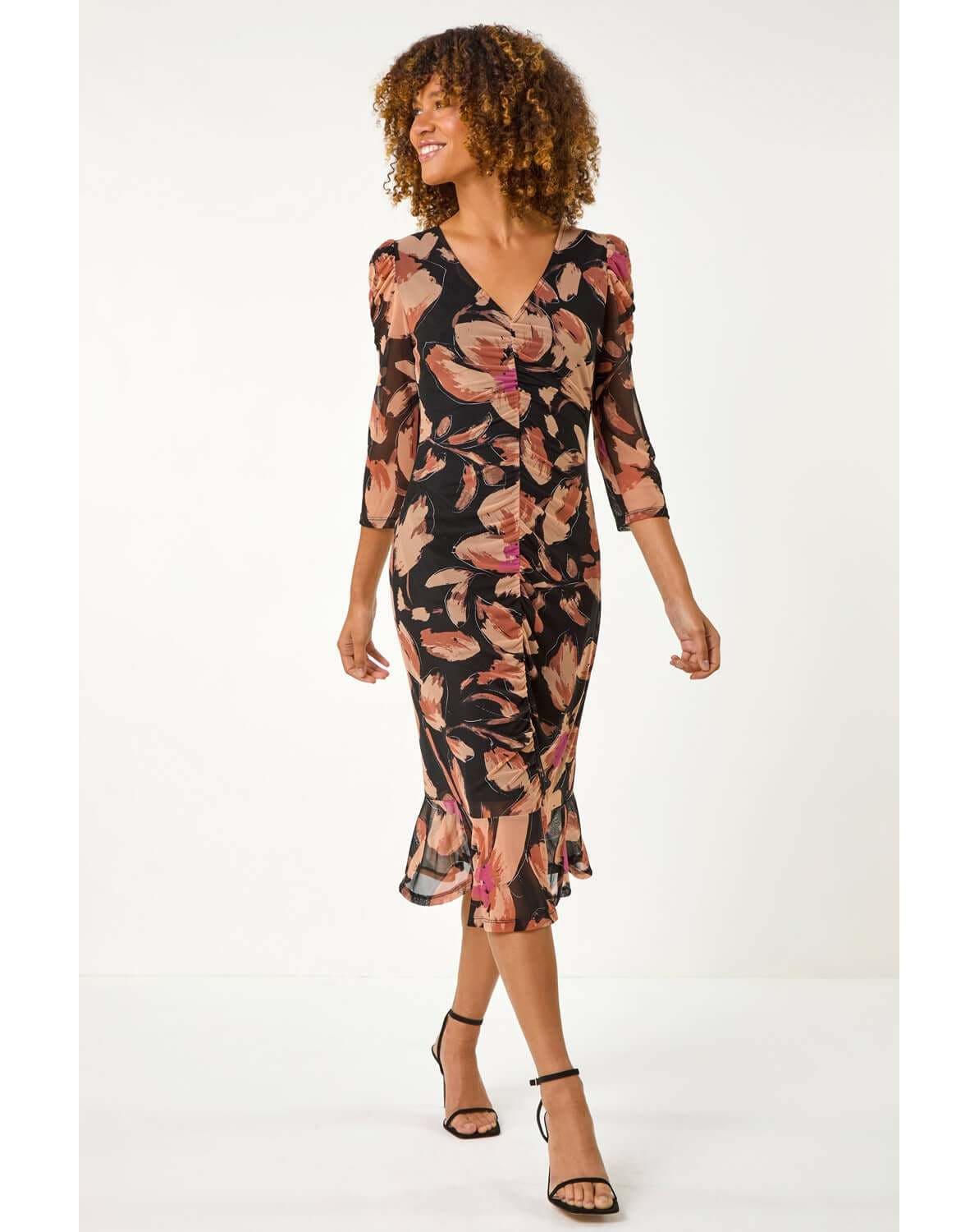 New In - Roman Ruched Floral Frill Dress