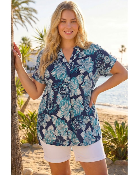 Roman Curve Floral Print Stretch Shirt