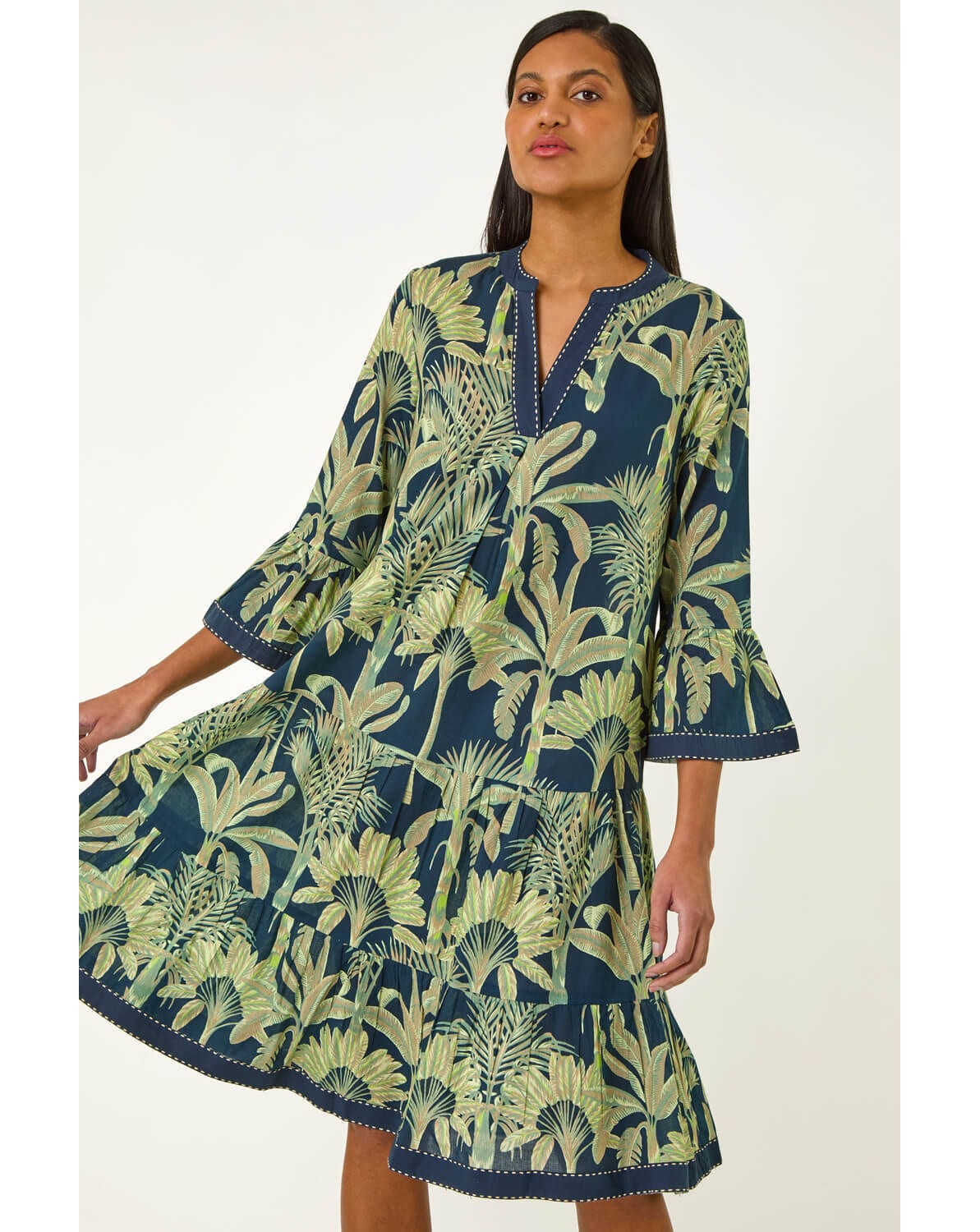 New In - Roman Palm Print V-Neck Tiered Dress