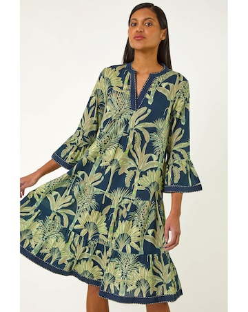 Roman Palm Print V-Neck Tiered Dress