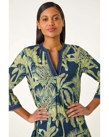 Roman Palm Print V-Neck Tiered Dress