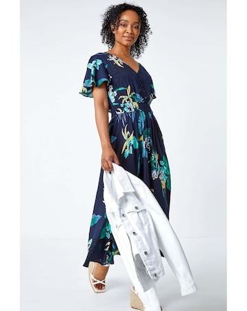 Roman Petite Floral Shirred Midi Dress