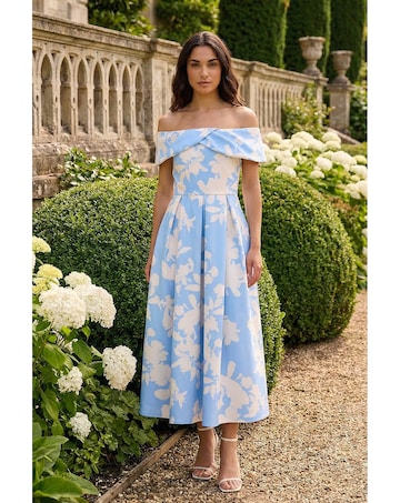 Roman Floral Bardot Stretch Midi Dress