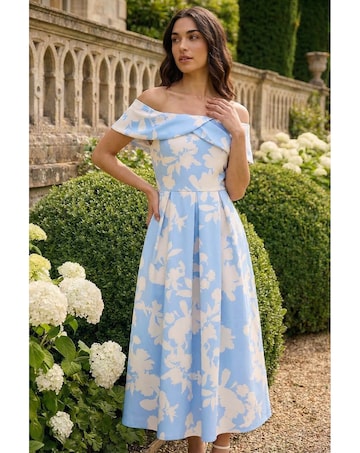 Roman Floral Bardot Stretch Midi Dress