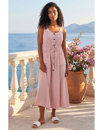 Roman Buttoned Tie Waist Midi Dress