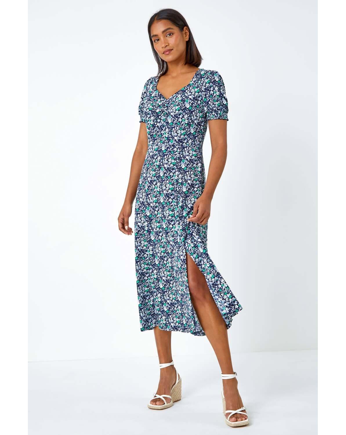 New In - Roman Ditsy Floral Ruched Stretch Dress