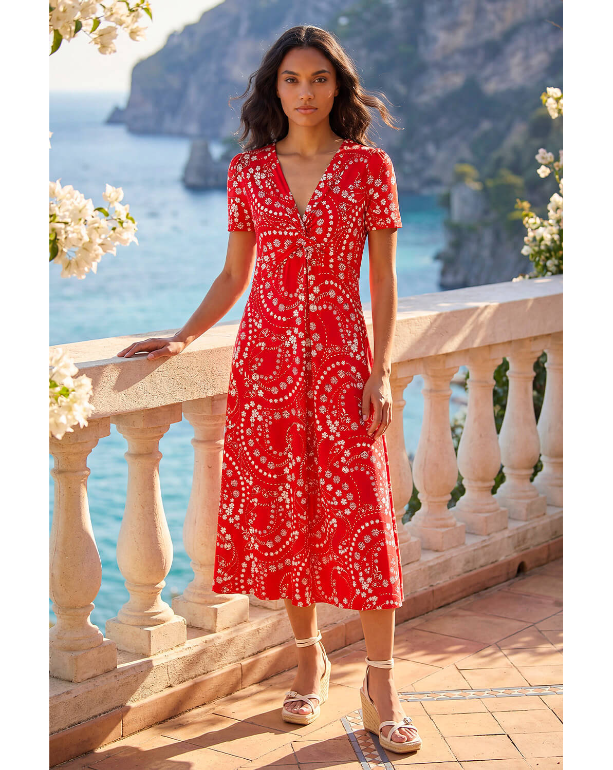 New In - Roman Floral Print Twist Stretch Dress