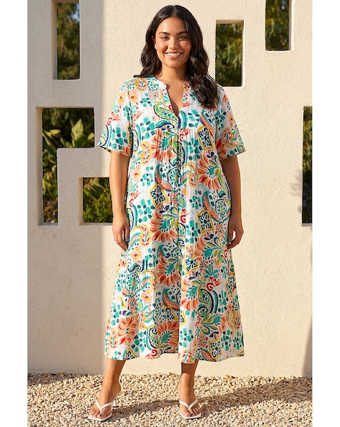 Roman Curve Printed V-Neck Midi Dress
