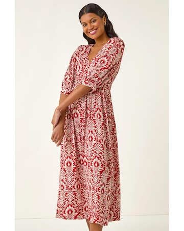 Roman Abstract Print V-Neck Midi Dress