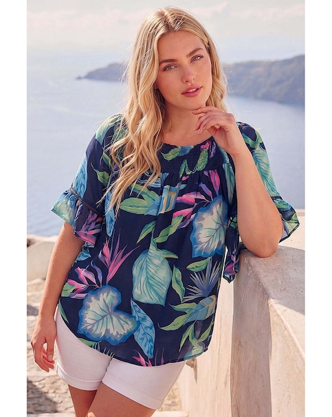 Roman Curve Floral Shirred Bardot Top