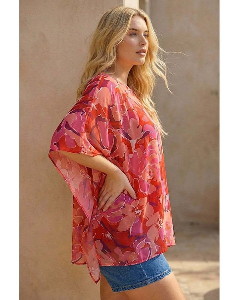 Roman Curve Floral Chiffon Hanky Hem Top