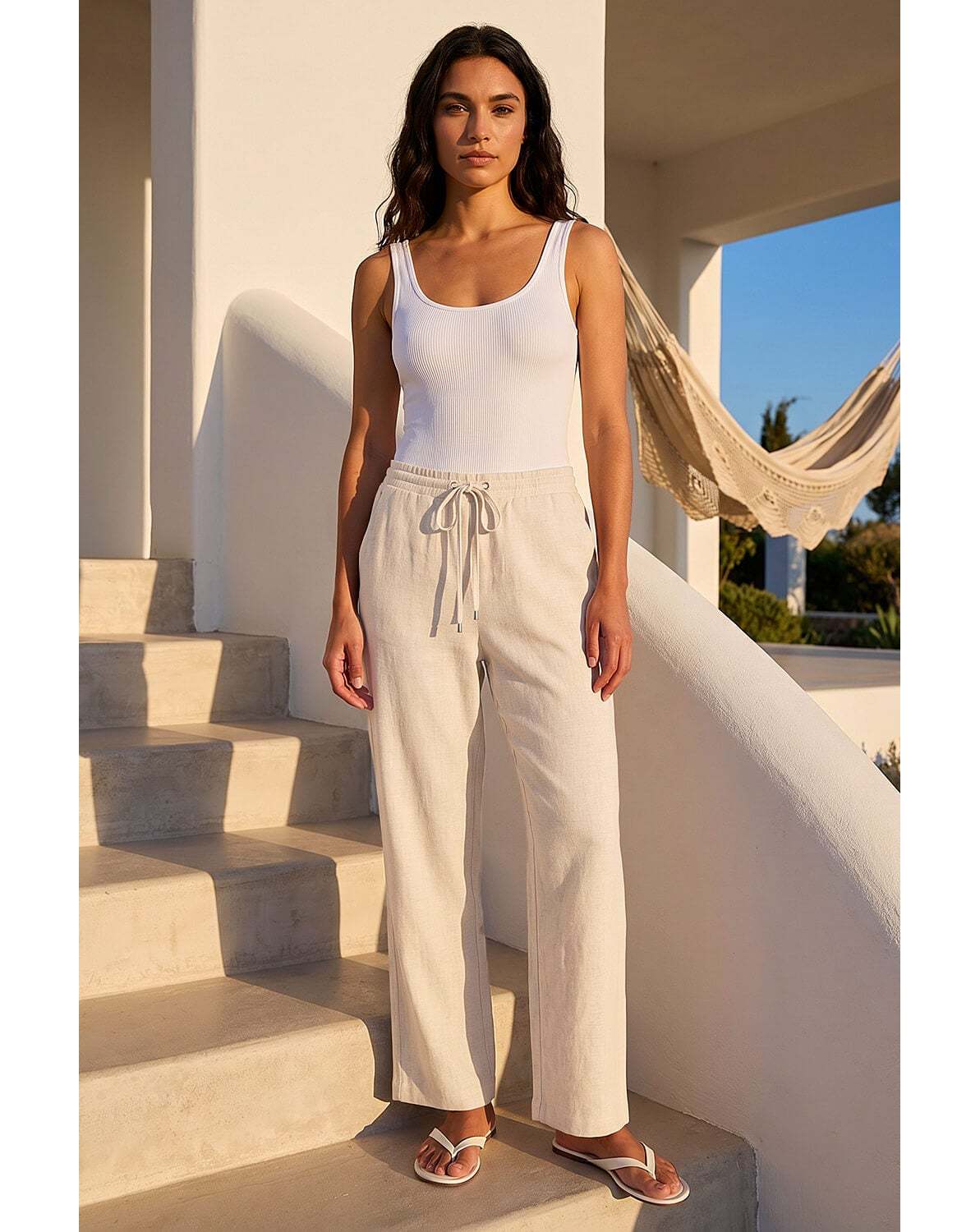 New In - Roman Elastic Tie Waist Linen Trouser