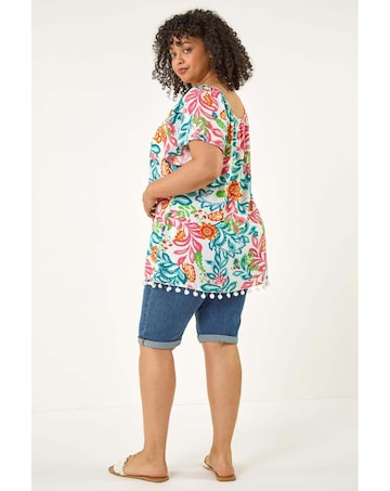Roman Curve Floral Pom Pom Bardot Top