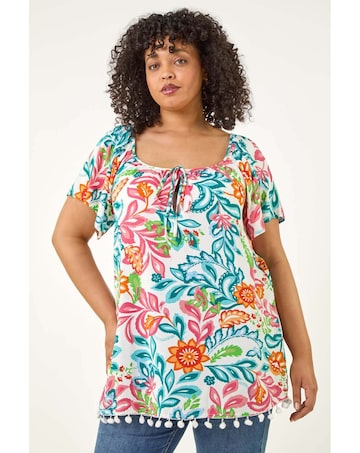 Roman Curve Floral Pom Pom Bardot Top