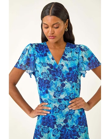 Roman Floral Frill Mesh Stretch Dress