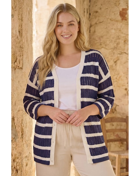 Roman Curve Stripe Crochet Knit Cardigan