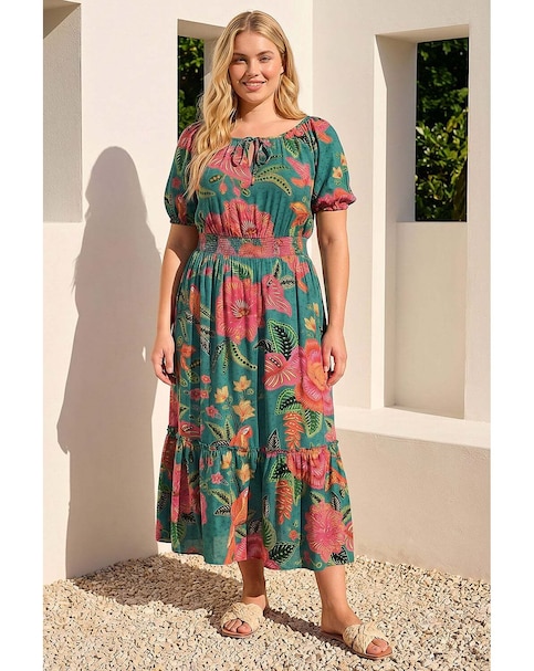 Roman Curve Floral Shirred Waist Dress