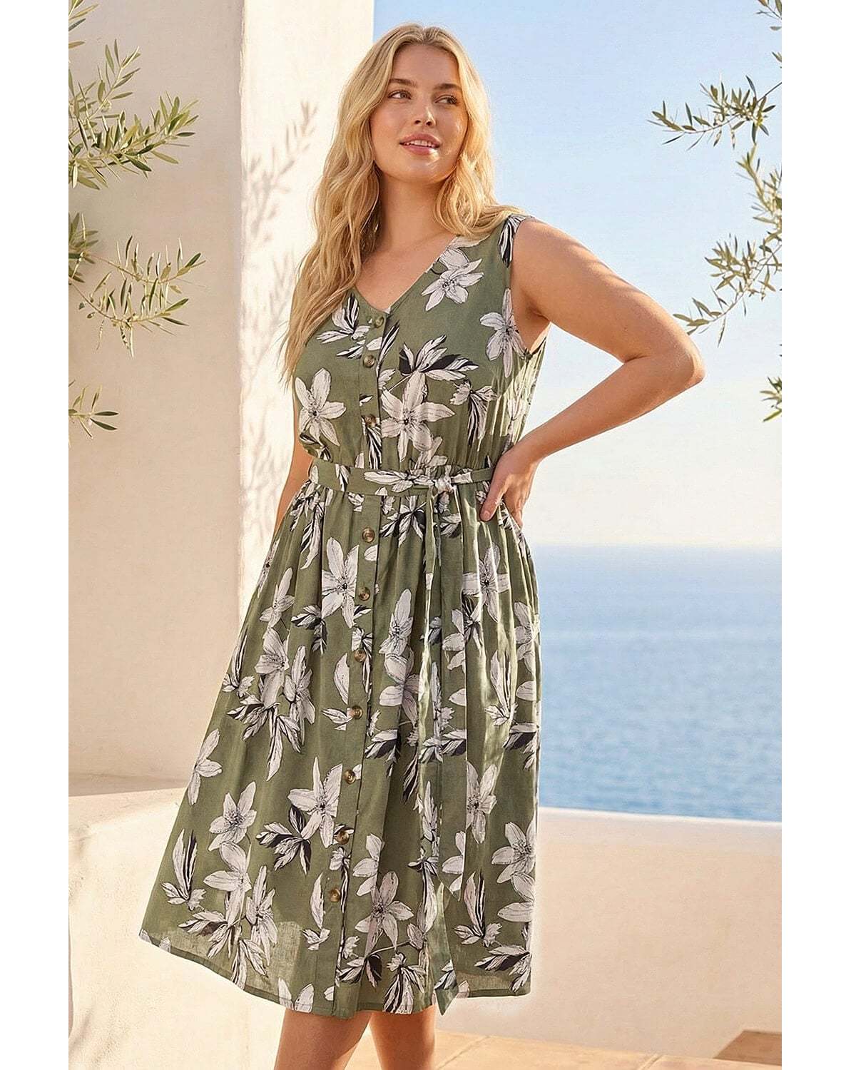 New In - Roman Curve Floral Button Midi Dress