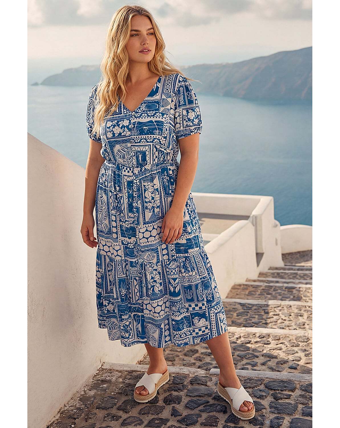 New In - Roman Curve Postcard Print Midi Dress