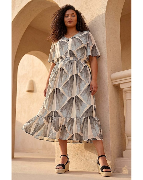 Roman Curve Abstract Button Detail Dress