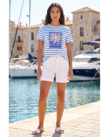 Roman Motif Stripe Print Cotton T-Shirt