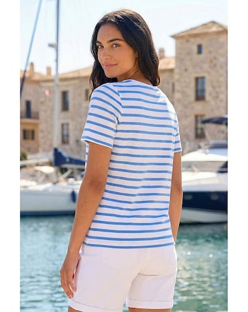 Roman Motif Stripe Print Cotton T-Shirt