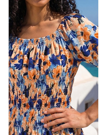 Roman Floral Print Shirred Bardot Top