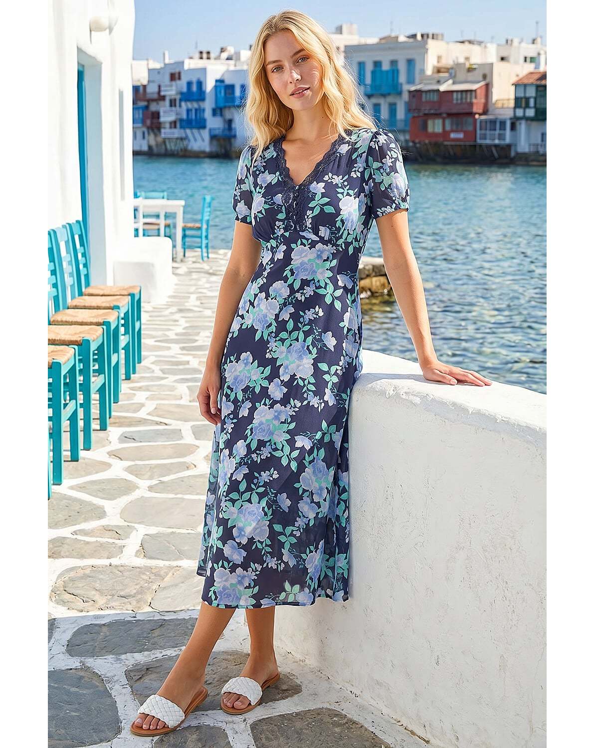 New In - Roman Floral Lace Trim Midi Dress