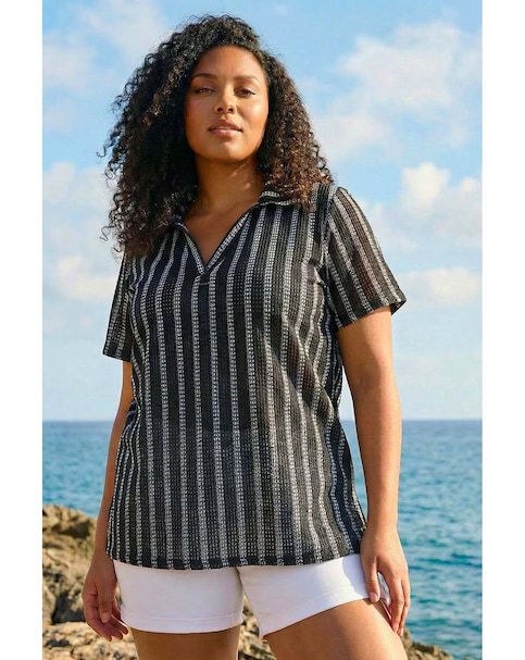 Roman Curve Stripe Collared Knit Top