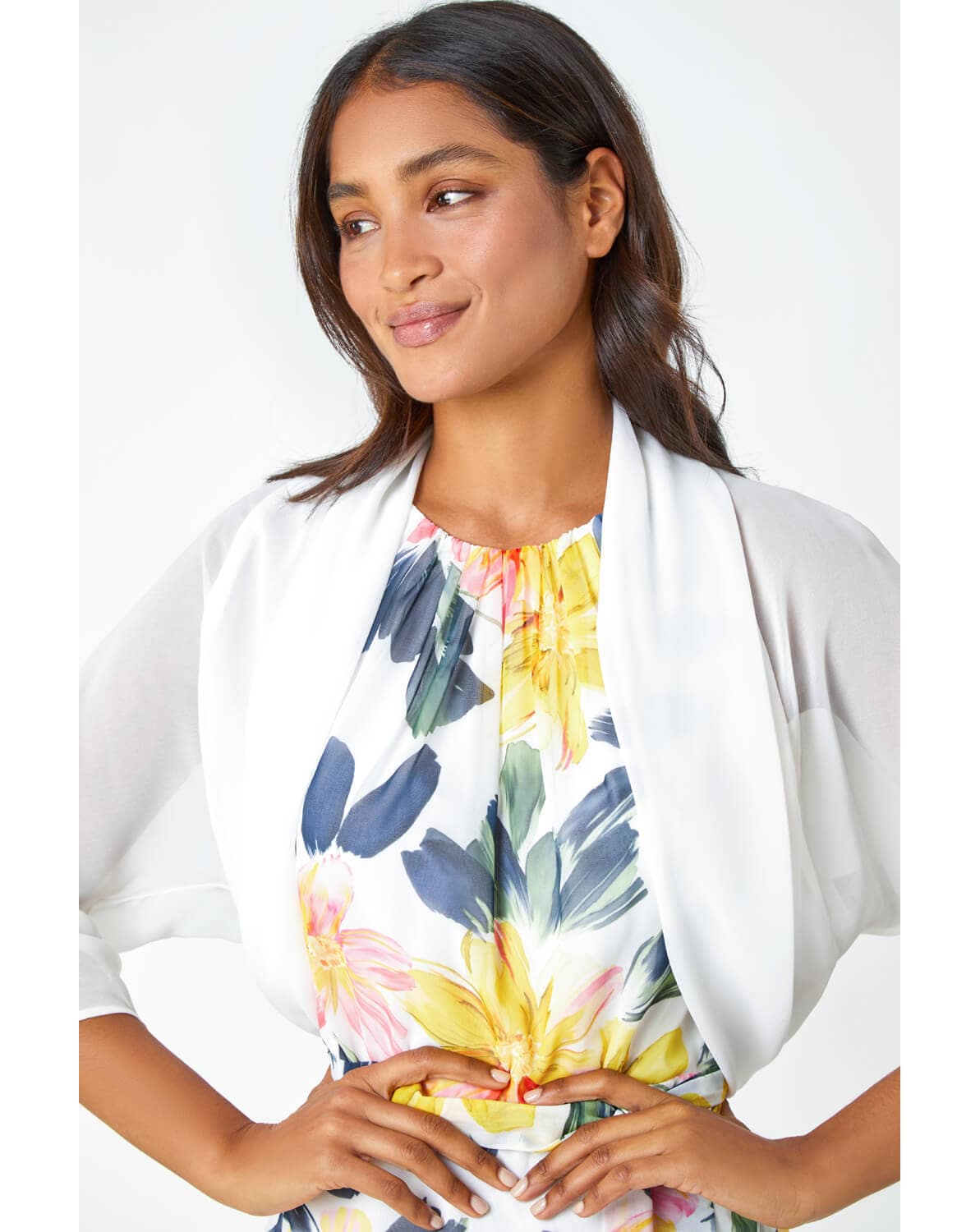 New In - Roman 3/4 Sleeve Ruched Chiffon Bolero