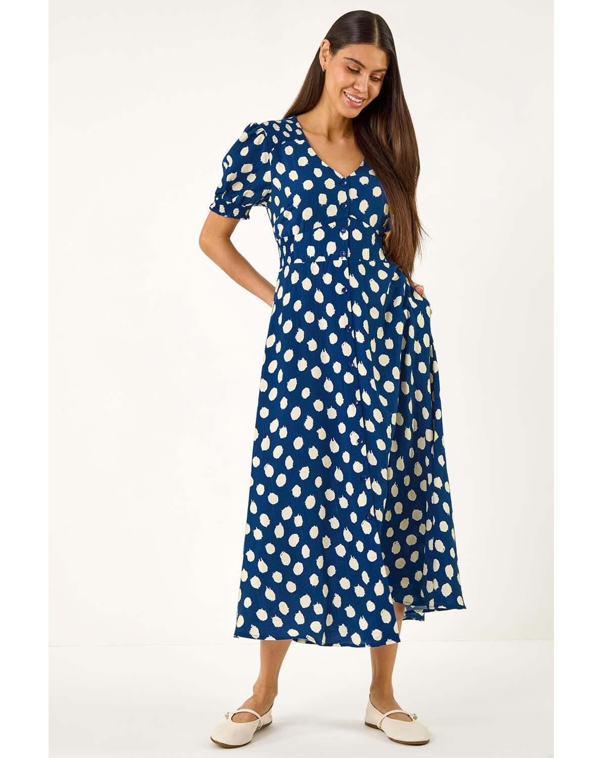 New In - Roman Spot Print Button Midi Dress