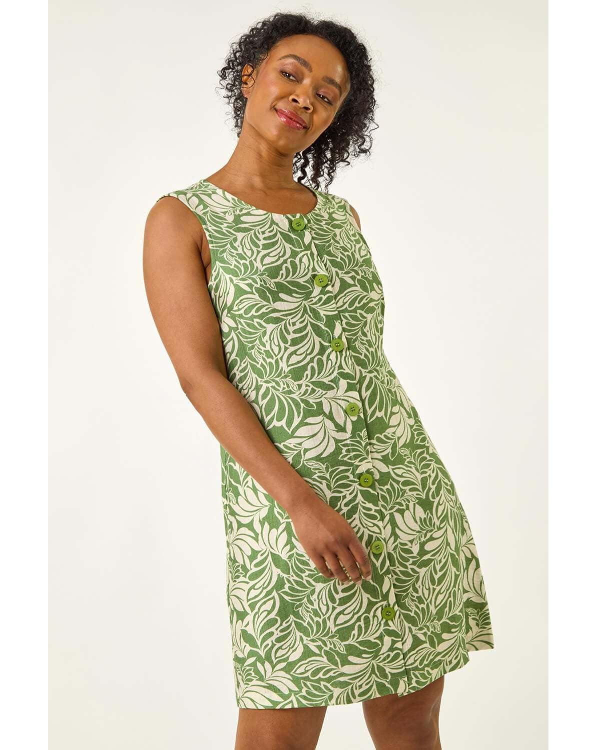 New In - Roman Petite Leaf Buttoned A-Line Dress
