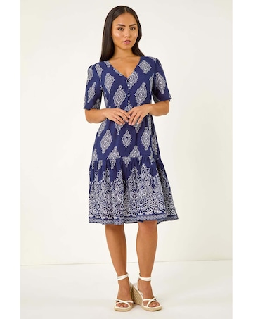 Roman Petite Border Print Tiered Dress