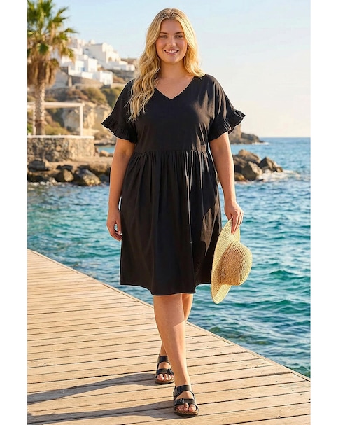 Roman Curve Cotton V-Neck Frill Dress